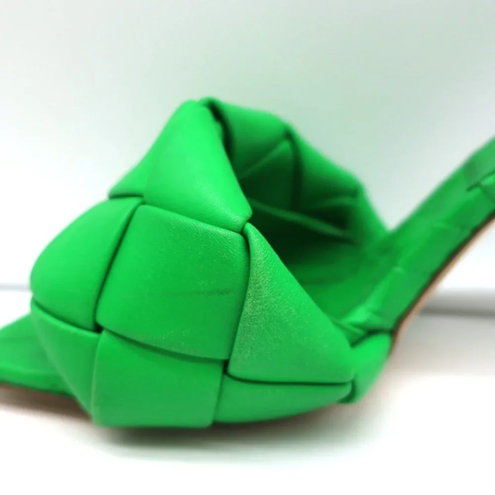 BOTTEGA VENETA LIDO MULES GRASS INTRECCIATO LEATHER SIZE 37.5 HIGH HEEL SANDALS - Picture 9 of 12